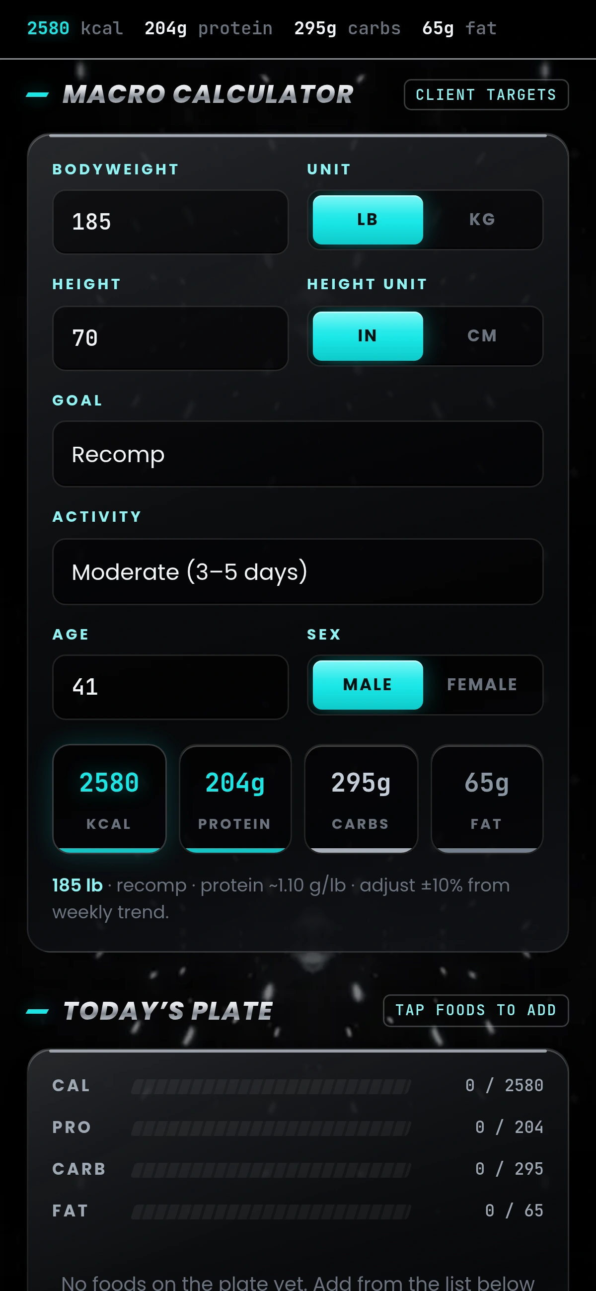 Macro calculator screen