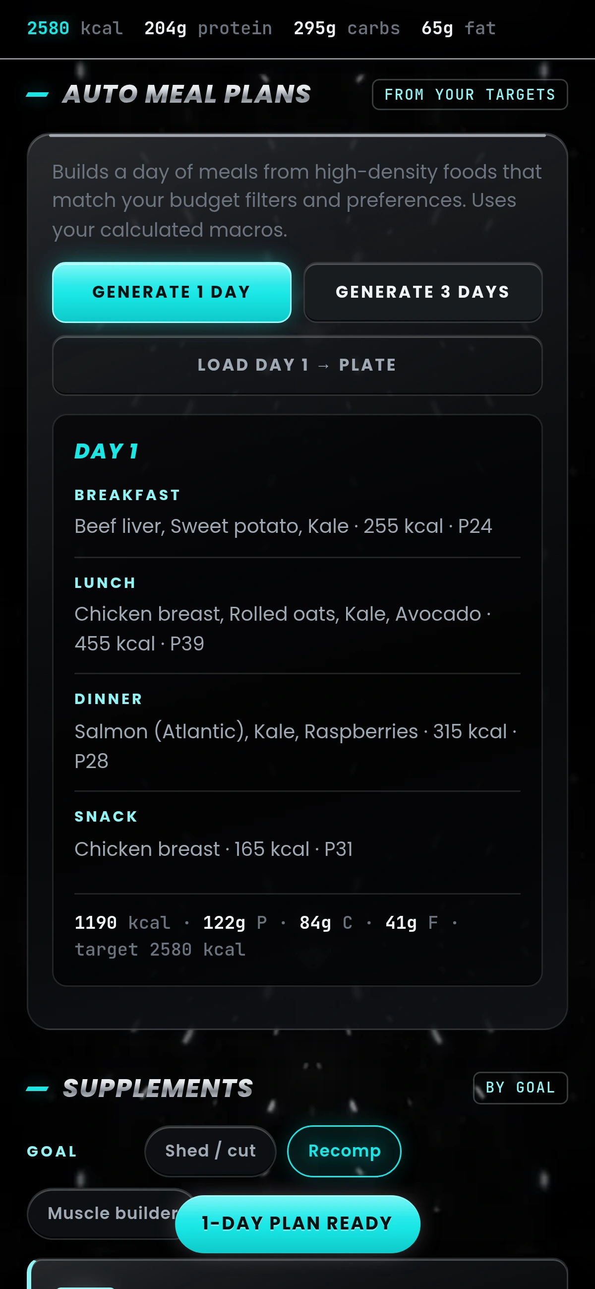 Auto meal plan screen