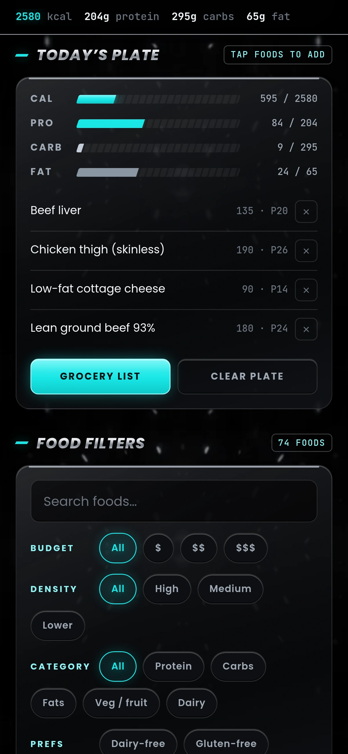 Today's plate builder screen