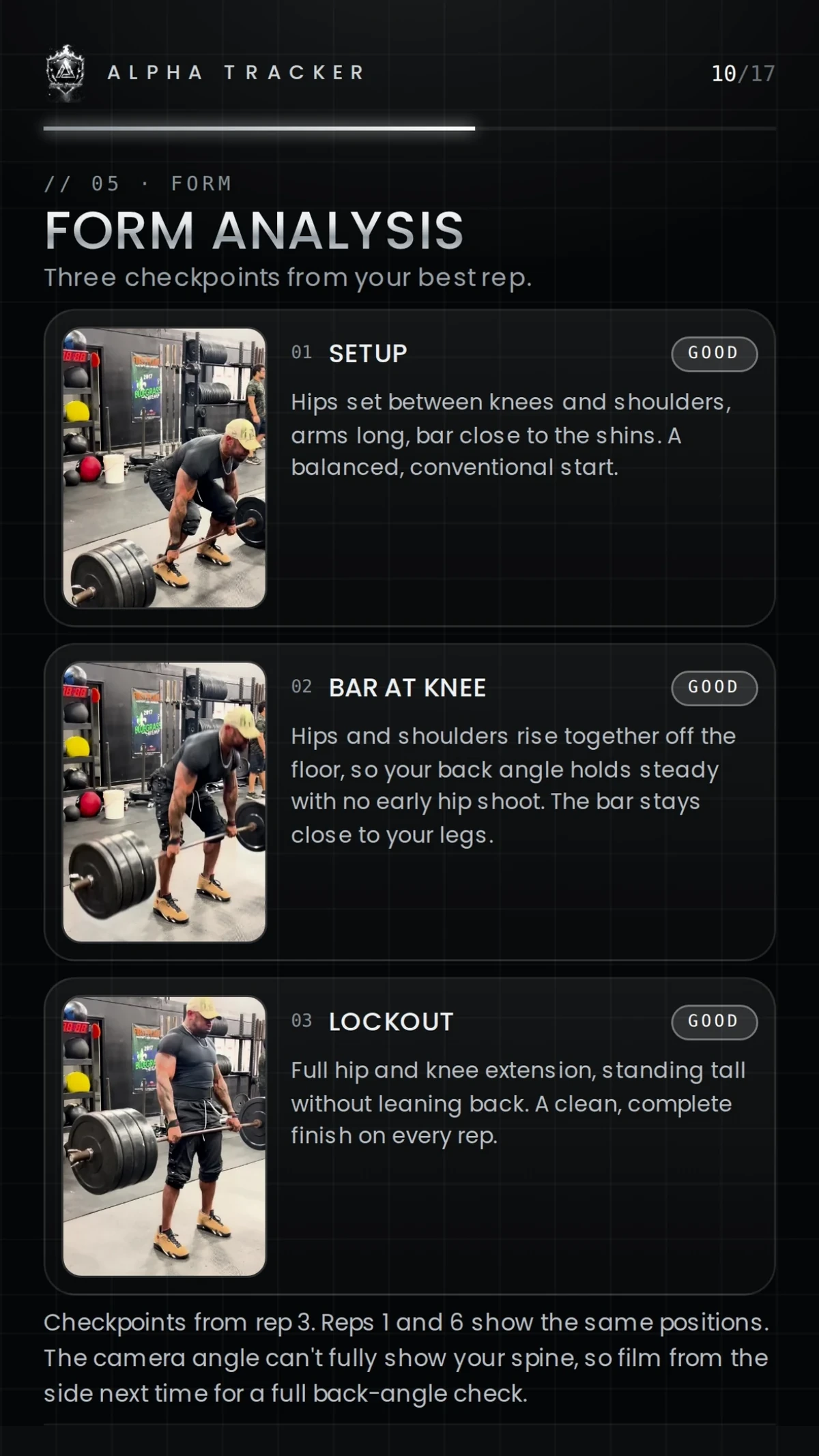 Form analysis page with setup, bar-at-knee and lockout checkpoints