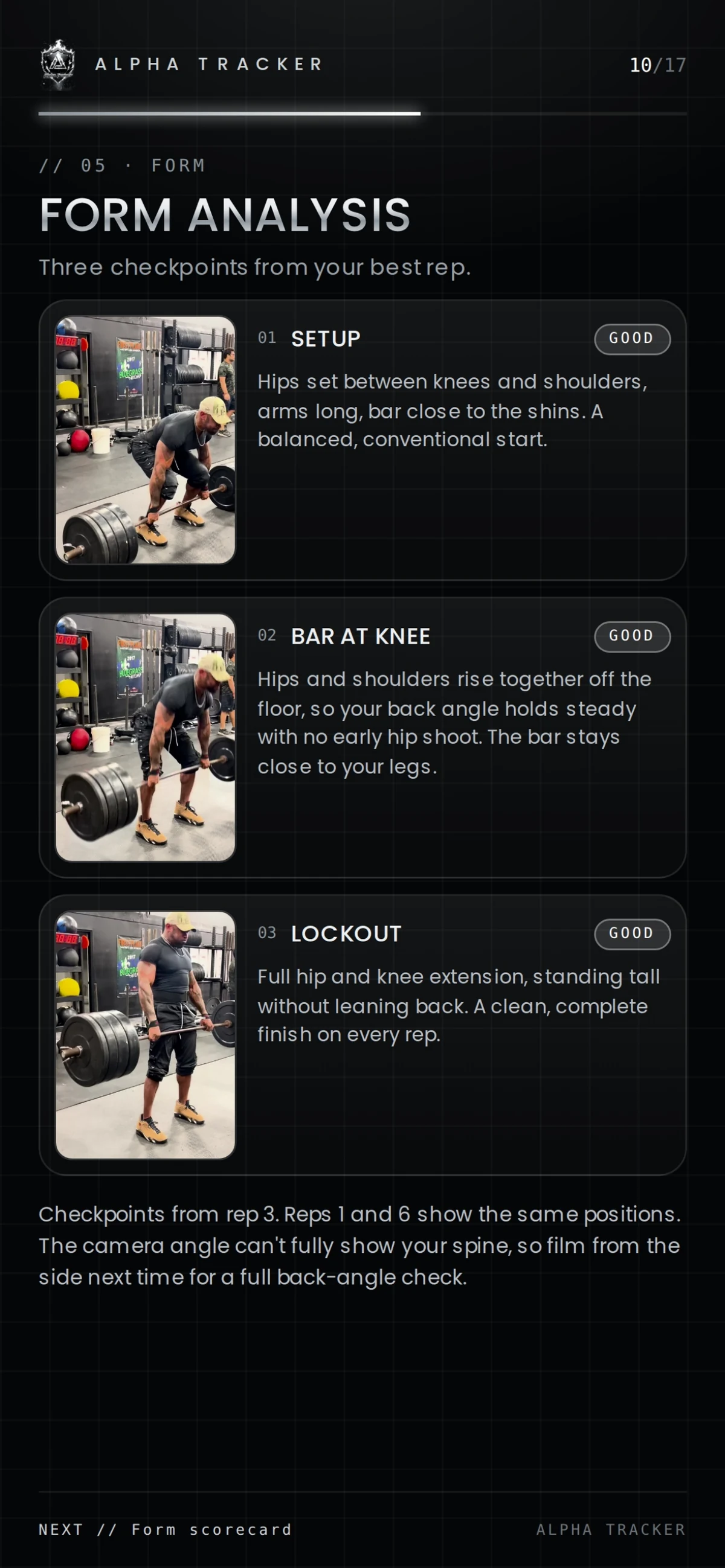 Form analysis page with setup, bar-at-knee and lockout checkpoints