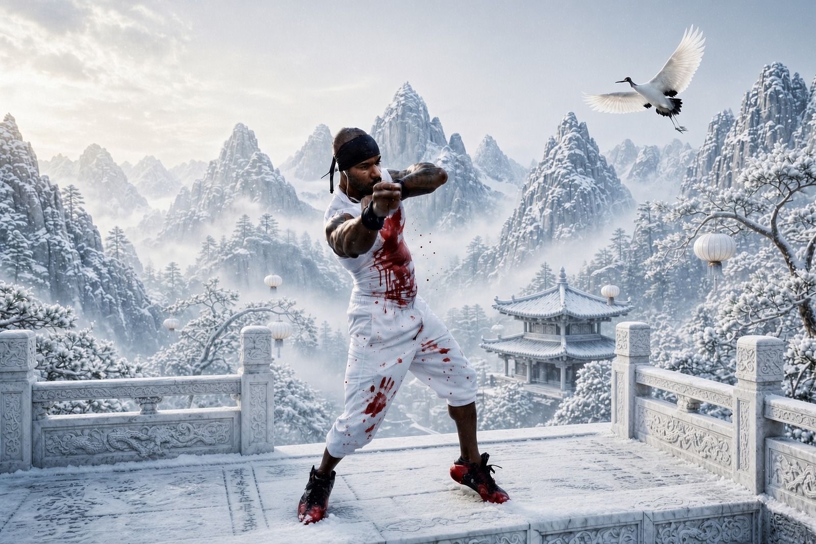 The author in a crane stance on a snowy temple terrace