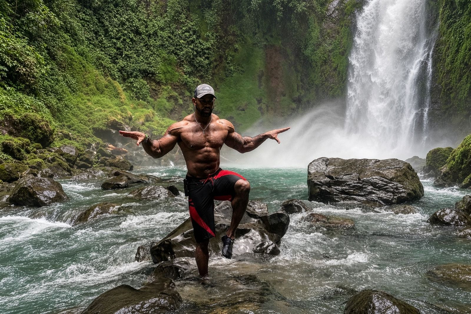 The author in a one-leg crane stance at a waterfall