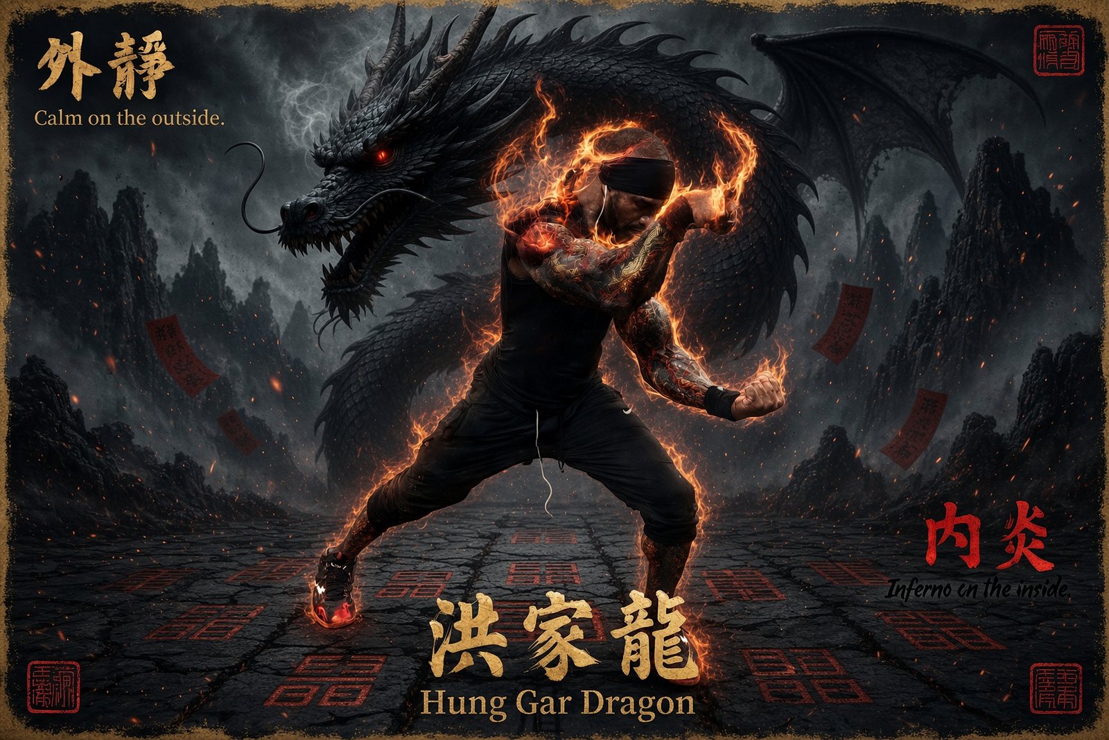 Hung Gar Dragon poster: a fighter wreathed in flames in a fighting stance with a black dragon coiled behind him, captioned 'Calm on the outside' and 'Inferno on the inside'