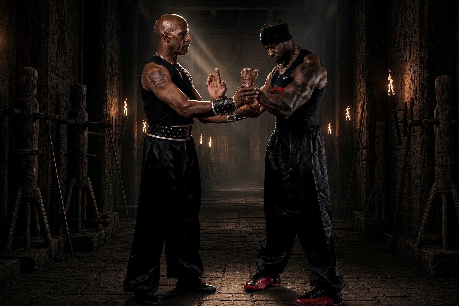 Two men in black kung fu pants practicing a bridging hand technique in a torch-lit hall lined with wooden dummies