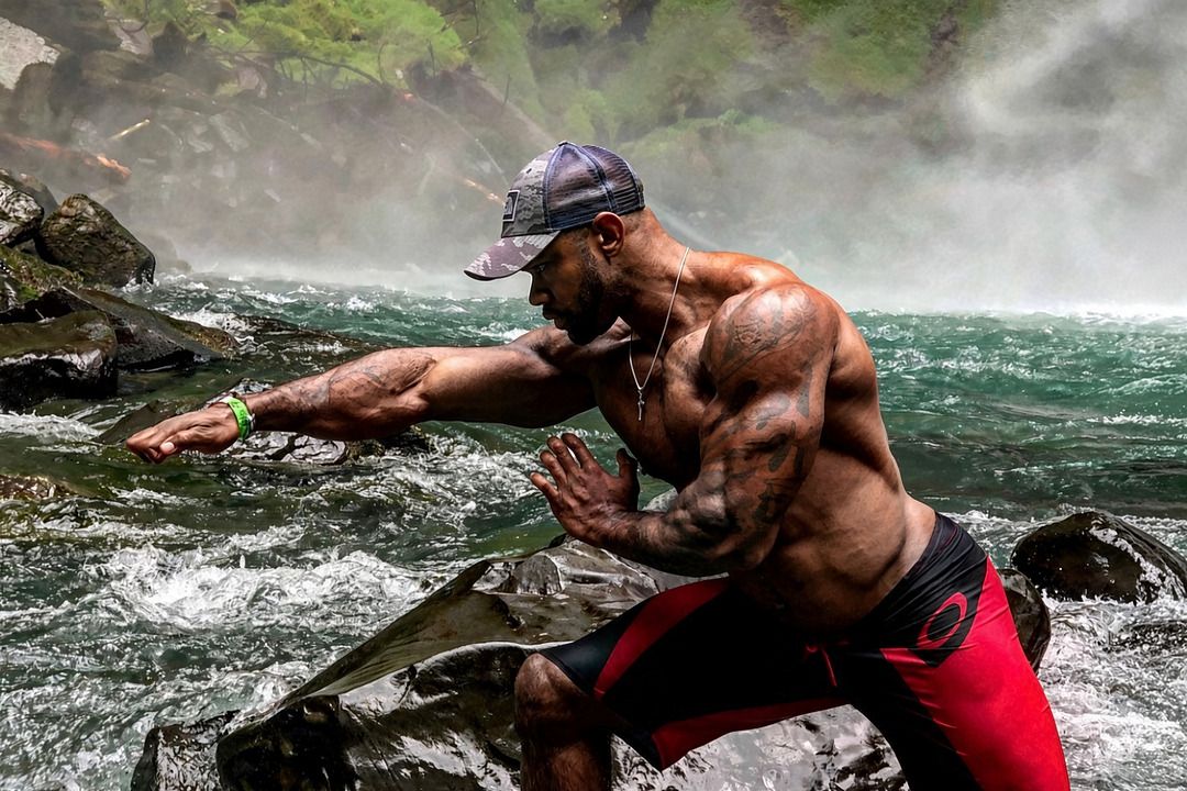 The author in a leopard stance in a mountain river