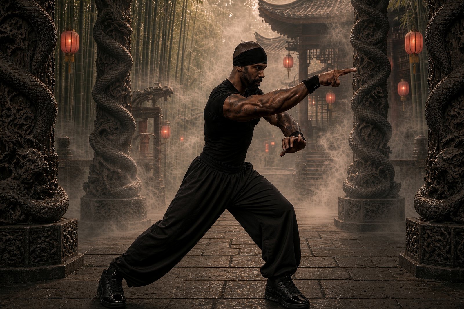 The author in black, in a low stance, throwing a snake-hand finger strike between carved serpent pillars in a misty temple hung with red lanterns