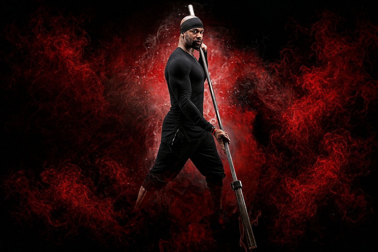 The author with a bar held like a staff in red smoke