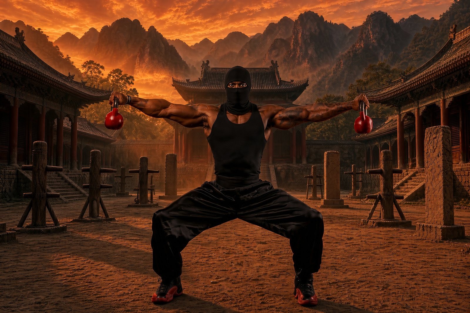 The author, masked and dressed in black, holding a deep horse stance with red kettlebells held out at arm's length in a temple courtyard lined with wooden dummies, mountains glowing at sunset behind