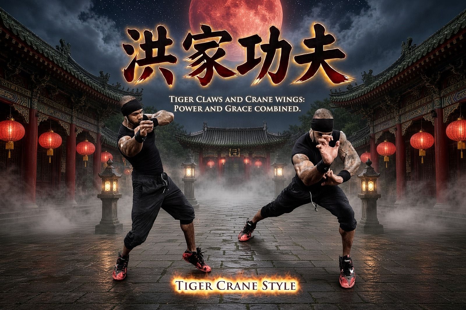 Tiger Crane Style poster: Hung Gar Kung Fu, tiger claws and crane wings, power and grace combined