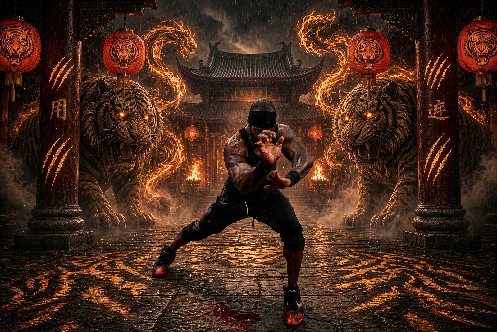 Tiger claw stance in a fiery temple courtyard flanked by tigers