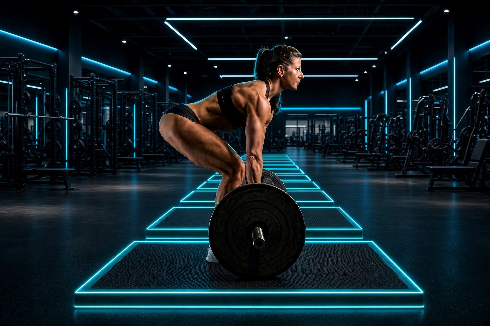 Athlete setting up a barbell deadlift on turquoise-lit platforms in a dark gym